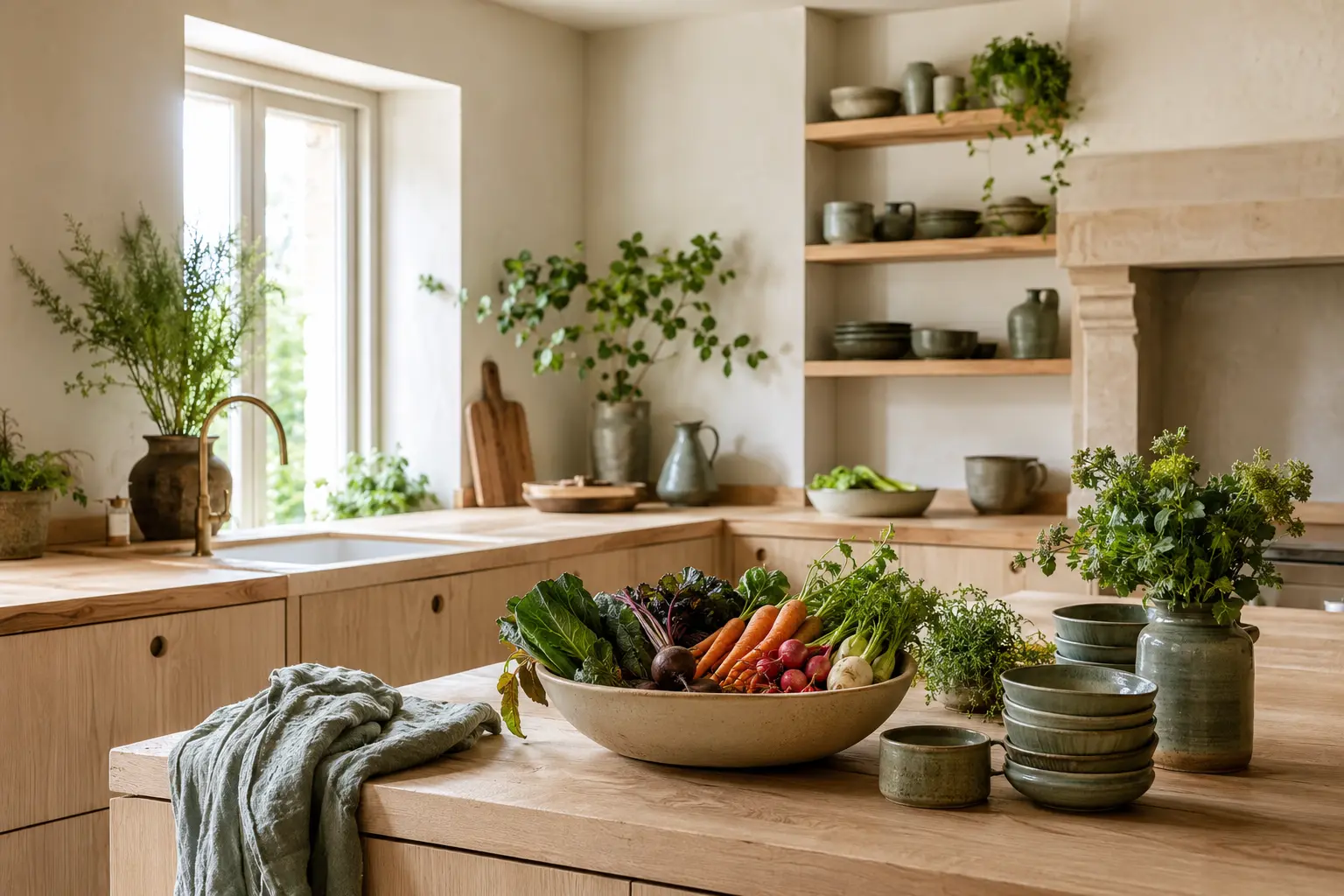 A bright natural kitchen prepared for colourful everyday cooking
